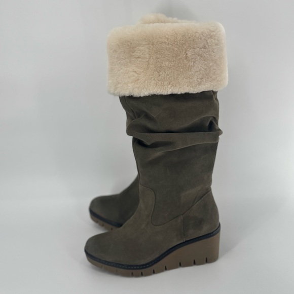 Vintage Foundry Co Arabella Green Suede Sherpa Trim Tall Wedge Boots Women’s 10 - Picture 3 of 10